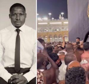 Nigerian Singer, Asake Seen Struggling To Touch The Black Stone At The Kaaba During Pilgrimage In Saudi Arabia (Video)
