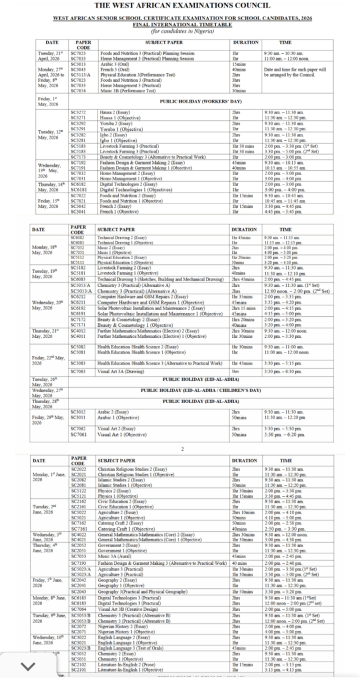 WAEC 2026 WASSCE Timetable Out: Exams Start April 21