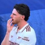 Declan Rice reacts to West Ham relegation during Arsenal title celebrations